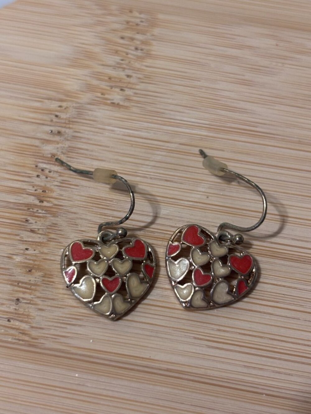Silver Tone Red & Cream Heart Dangle Earrings Openwork Valentine Romantic